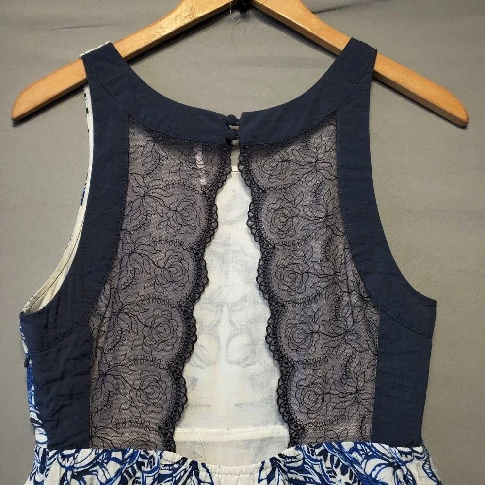 Free People Blue White Toile High Low Dress Lace Back Cottagecore Coastal Boho S